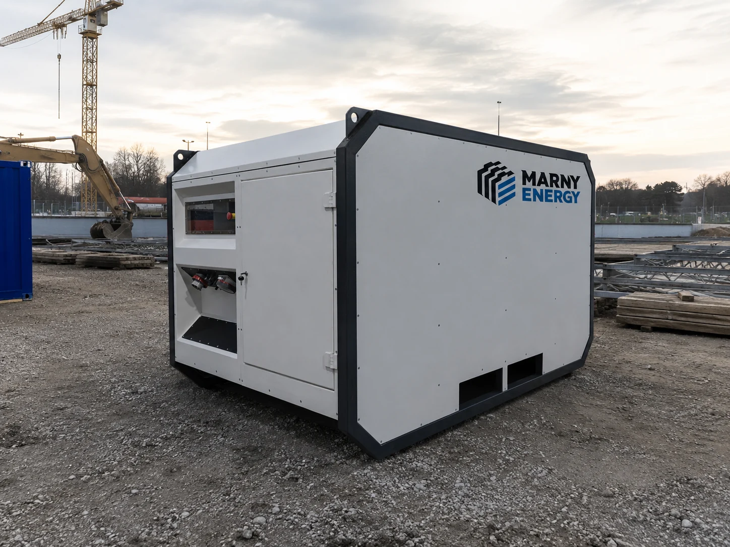 Marny Energy stationary storage container, a compact modular 10-foot unit on a construction site